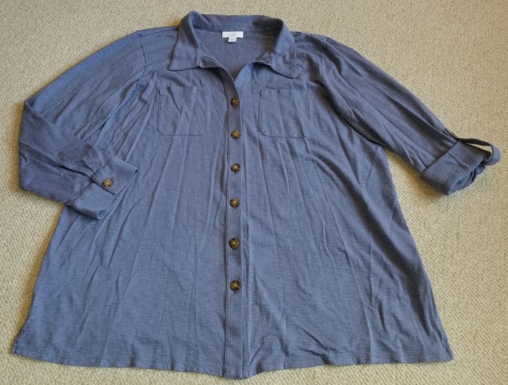 Womens Top-J. JILL-blue cotton stretch knit v-neck collared button-up Classic-PL